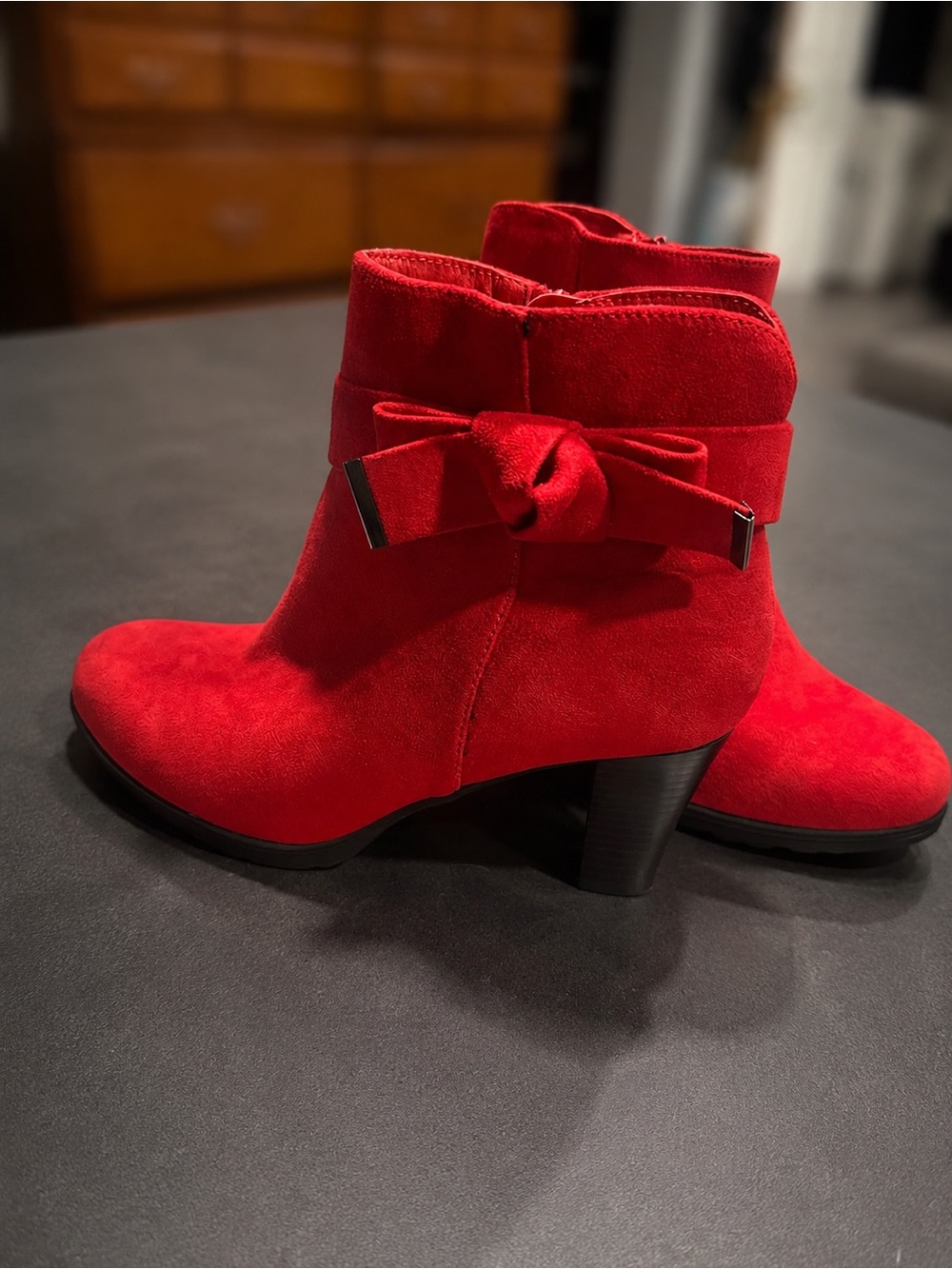 Women's Red Suede Ankle Booties with Decorative Bow